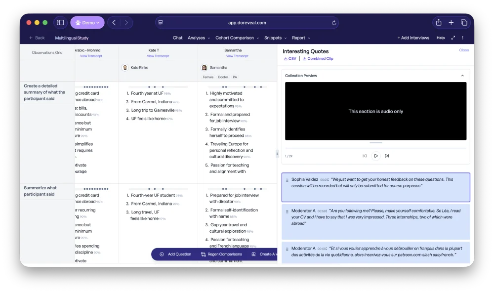 Collection of verbatim participant quotes with clip playback and combined clip export