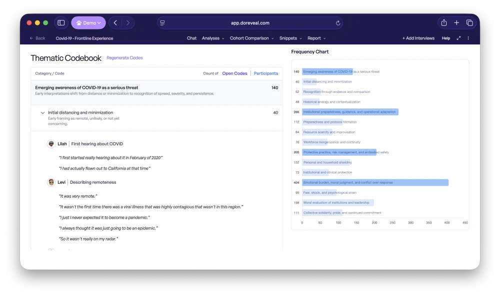 Thematic codebook with participant quotes and a theme frequency chart